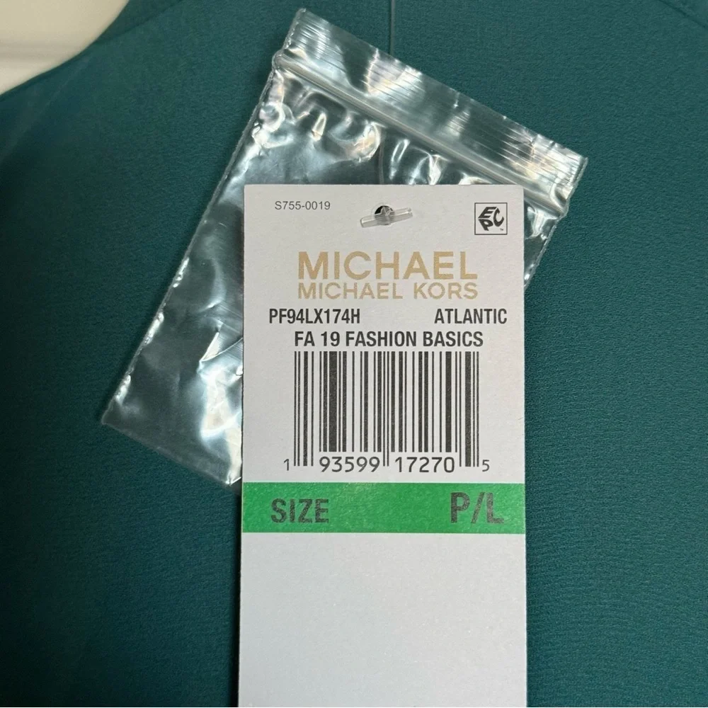 NWT Michael Kors Atlantic Blue Roll Tab Blouse Petite Large Gold MK Hardware